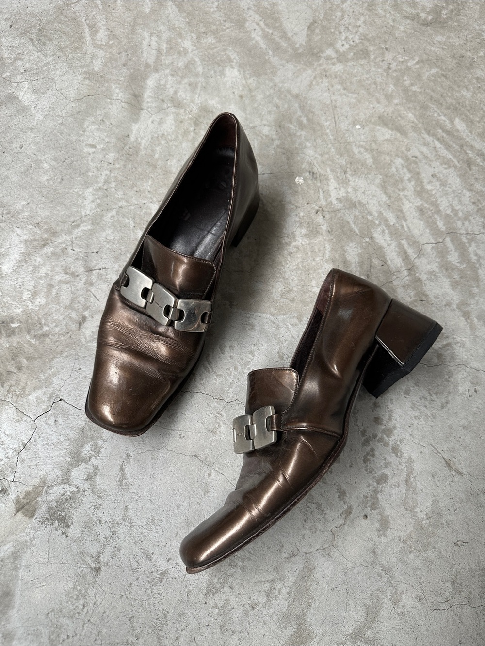90’s Vintage Prada loafers 38 copper brown block heel square toe silver hardware